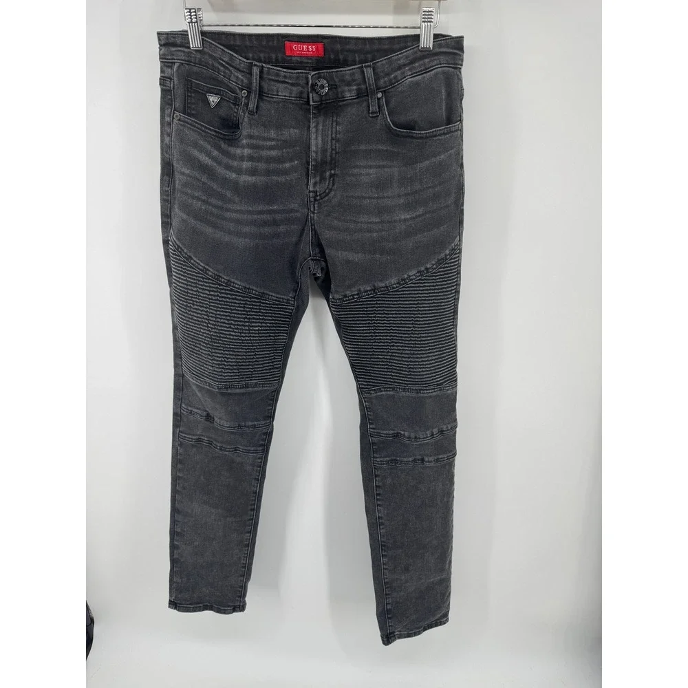 Guess Mens Moto Jeans Washed Black Gray Slim Fit Ribbed Panel Denim 34x32